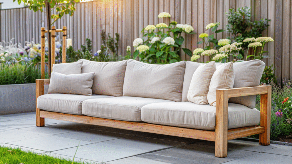 Moderne houten loungebank met beige kussens in een bloeiende tuin