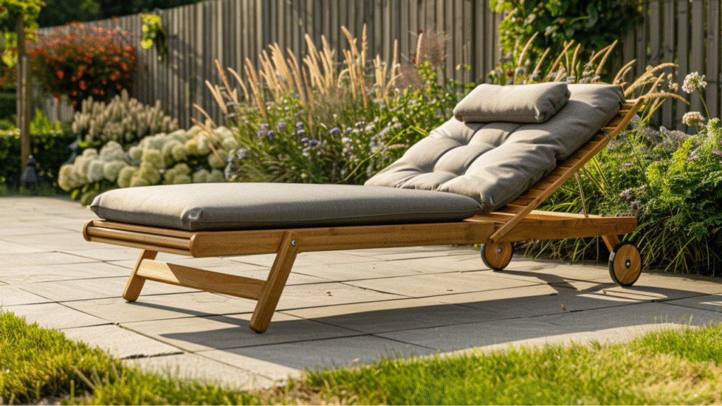 Houten ligbed met wielen en grijze kussens op terras in bloementuin