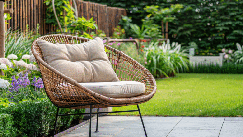 Lounge tuinstoel van rotan met dikke kussens op terras in bloemrijke tuin
