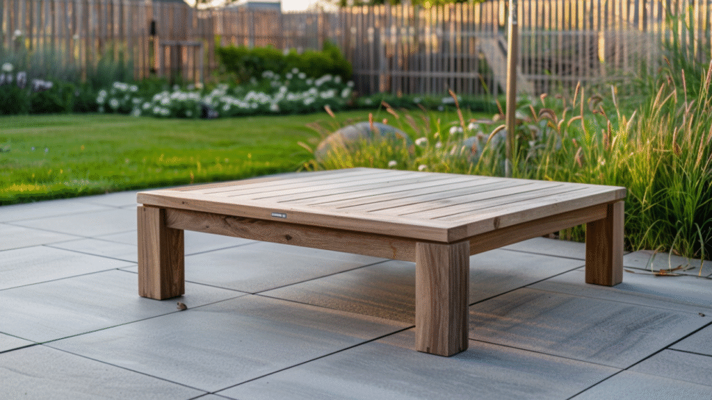 Lounge tuintafel van hout op modern terras met groene tuin