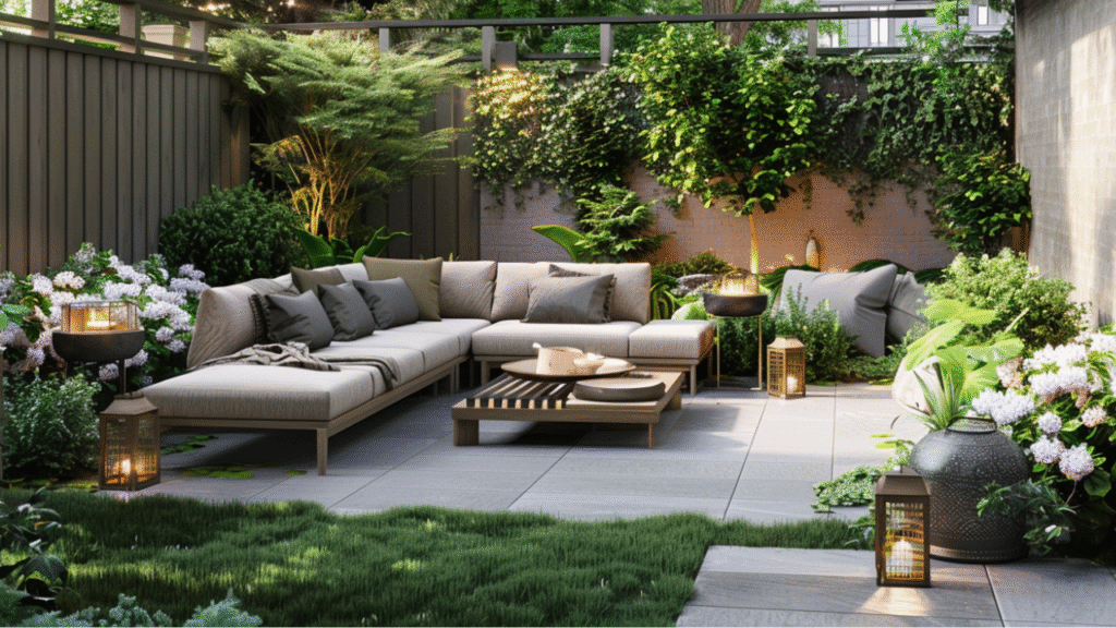 Luxe dining loungeset in moderne tuin met sfeerverlichting en weelderig groen