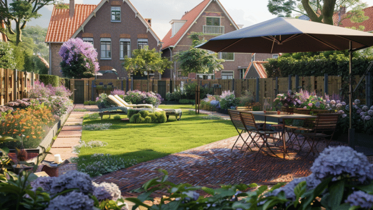 Zonnige achtertuin met parasol, eettafel en bloemenborders in een groene woonwijk