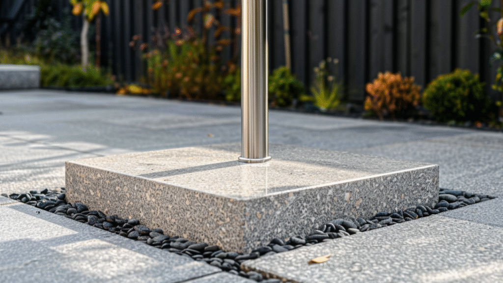 Zware granieten parasolvoet met RVS buis op modern terras