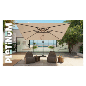 platinum challenger t1 parasol champagne op modern terras met loungeset