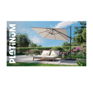 platinum voyager t2 zweefparasol 270x270 havana in tuin met loungestoelen