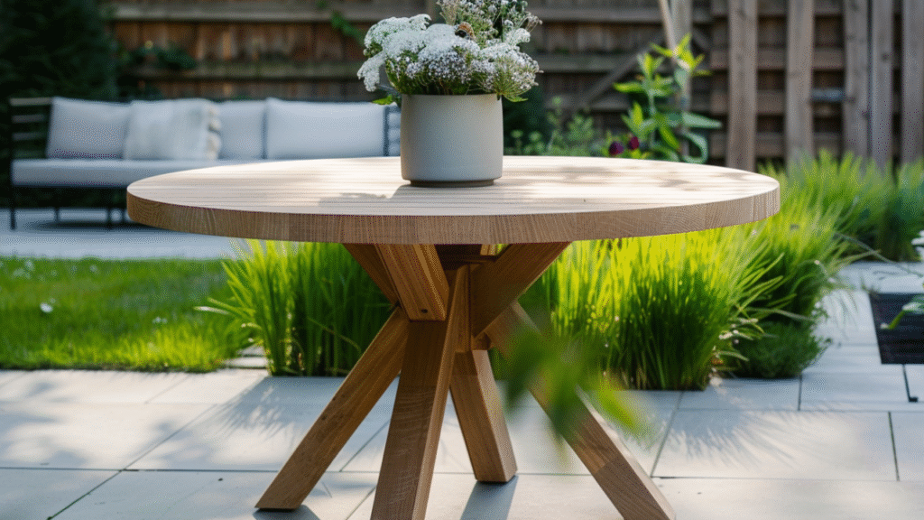 Ronde houten tuintafel met bloemenvaas op modern terras