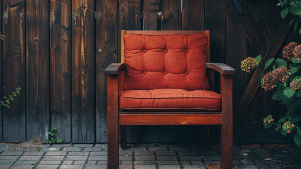 Comfortabel rood zitkussen op houten tuinstoel