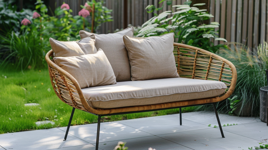 Rotan loveseat met beige kussens in groene tuinomgeving