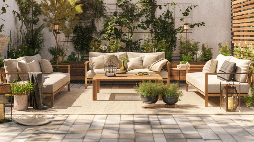 Moderne stoelbank loungeset met houten accenten in zonnige stadstuin