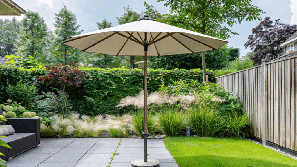 Beige stokparasol op terras met siergrassen in moderne tuin