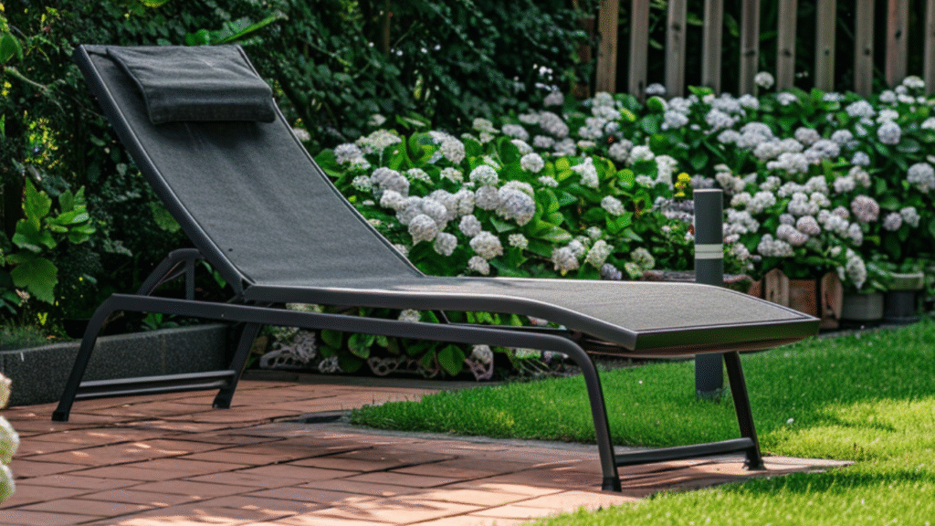 Luxe textileen ligstoel op terras met bloeiende hortensia's op de achtergrond