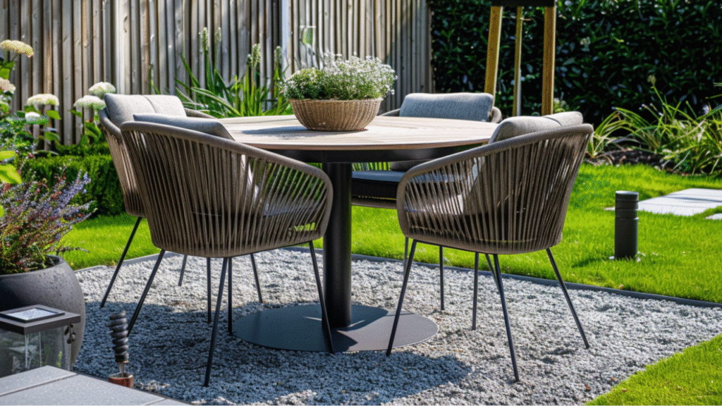 Tuinset voor 4 personen met ronde tafel en gevlochten stoelen op grindterras