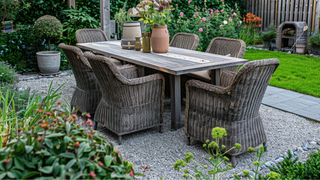 Tuinset voor 6 personen met grijze houten tafel en rotan stoelen in bloementuin