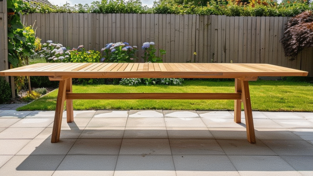 Uitschuifbare houten tuintafel op terras met kleurrijke tuin