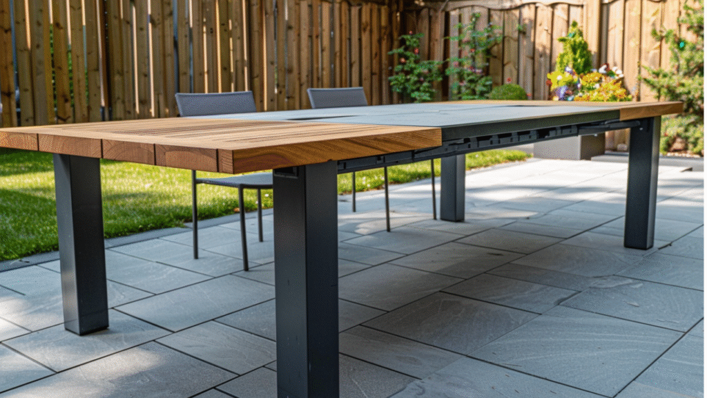 Uitschuifbare tuintafel met houten blad en zwart metalen poten op terras
