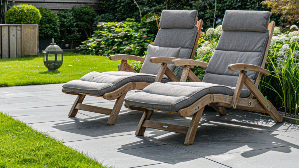 Verstelbare houten tuinstoelen met grijze kussens op terras in groene tuin