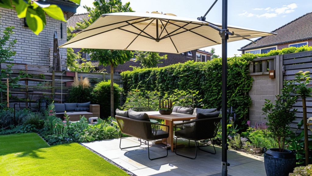 Zweefparasol met beige doek boven eettafel in zonnige stadstuin