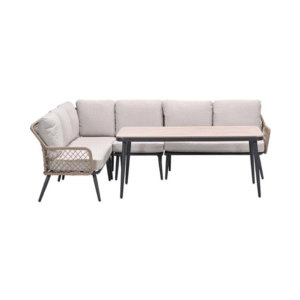 Allasio loungeset met Vironwood tafelblad en kussens in desert sand