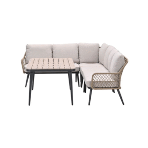 Compacte hoekopstelling van de Allasio loungeset met Vironwood tafelblad