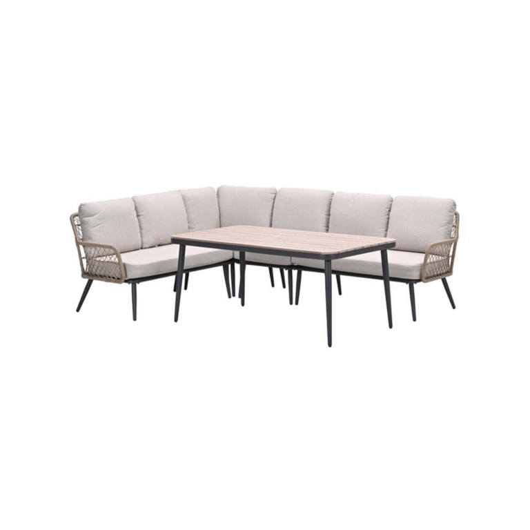 Video: Allasio lounge-dining hoekset – 5-delig – carbon black rope natural PE – desert sand – Vironwood