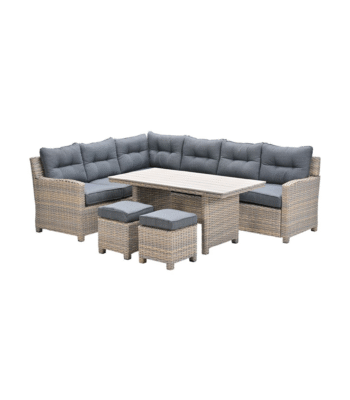 Bahama lounge-diningset links hoekopstelling rechts met wicker afwerking en teak tafelblad
