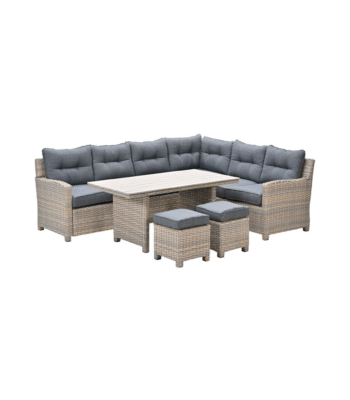 Bahama lounge-diningset hoekopstelling rechts met wicker afwerking en teak tafelblad