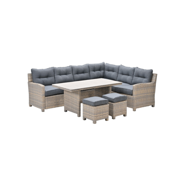 Bahama lounge-diningset hoekopstelling rechts met wicker afwerking en teak tafelblad