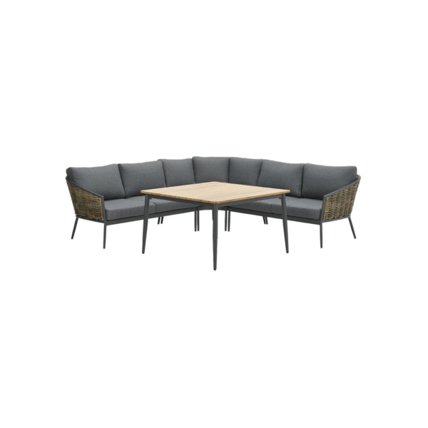 Moderne grijze Bali lounge dining set met rotan zijpanelen en houten tafelblad