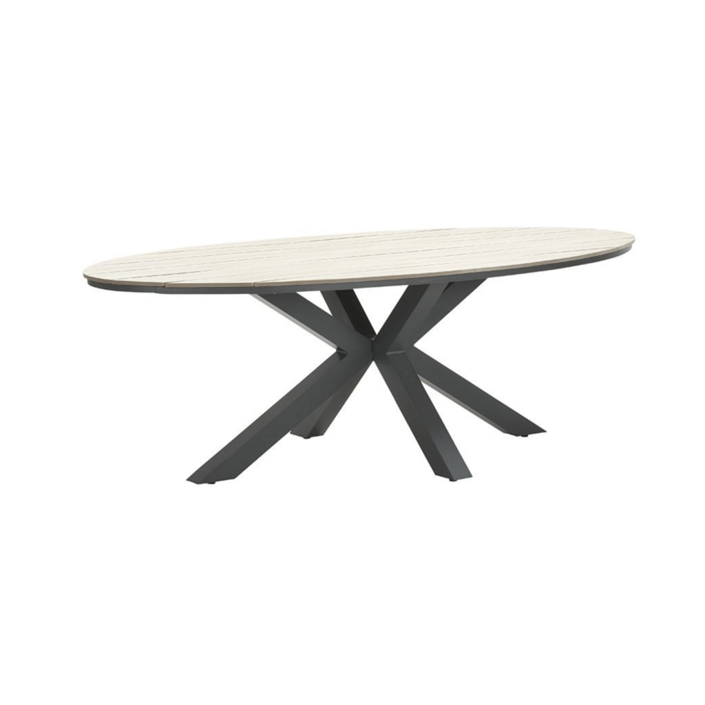 Edison tuintafel ovaal 280x140 cm met licht teak blad en carbon black onderstel