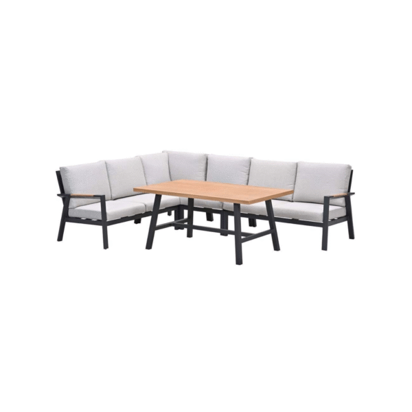 Moderne Elati lounge-dining set met aluminium frame en teaklook tafelblad