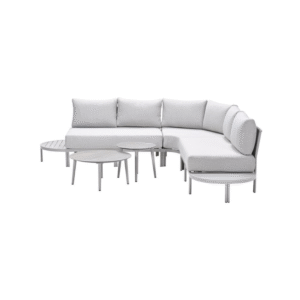 Hoekopstelling Frigole loungeset met strakke lijnen en taupe frame
