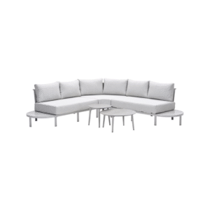 Moderne Frigole loungeset 5-delig met lichtgrijze kussens en ronde tafels