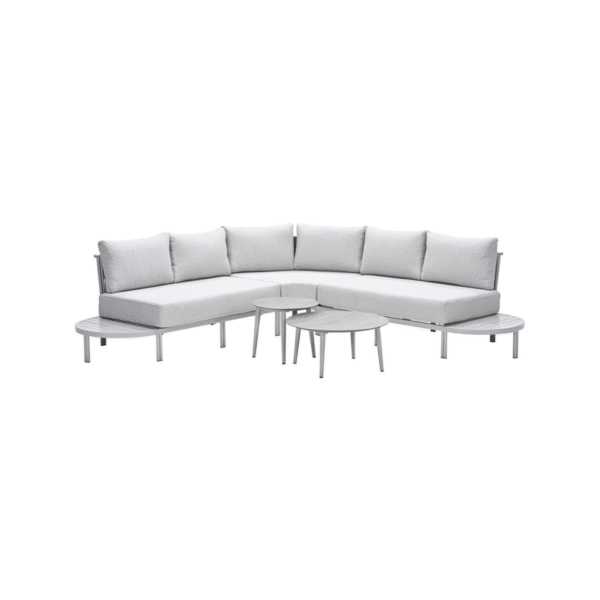 Moderne Frigole loungeset 5-delig met lichtgrijze kussens en ronde tafels