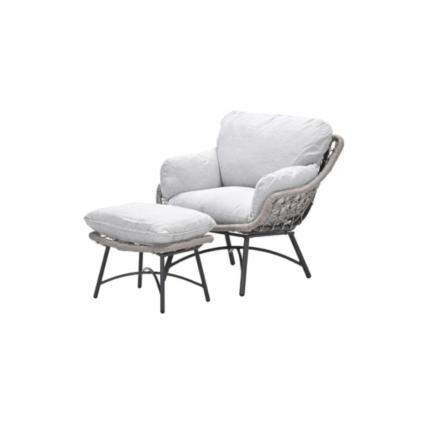 Comfortabele Garden Impressions loungestoel met voetenbank in rope taupe, schuin vooraanzicht
