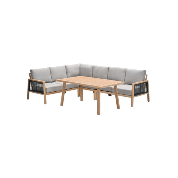 Hoekvormige lounge diningset van teakhout met grijze kussens en rope details