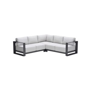 Strakke hoek loungeset met lichtgrijze kussens en zwart aluminium frame