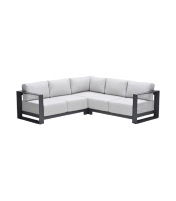 Strakke hoek loungeset met lichtgrijze kussens en zwart aluminium frame