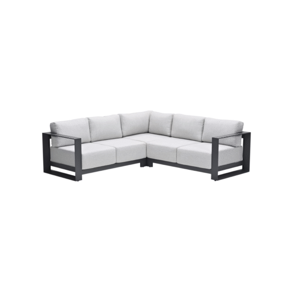 Strakke hoek loungeset met lichtgrijze kussens en zwart aluminium frame