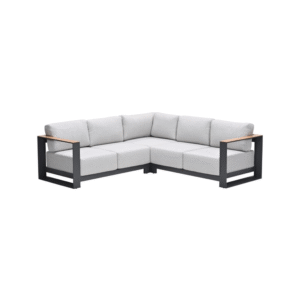 Hoek loungeset met lichtgrijze kussens en zwart frame met houten armleuningen
