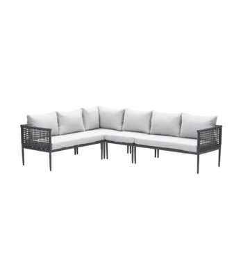 Moderne hoek loungeset met lichtgrijze kussens en zwart frame