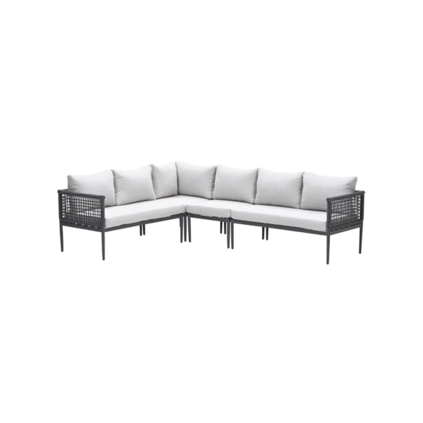 Moderne hoek loungeset met lichtgrijze kussens en zwart frame