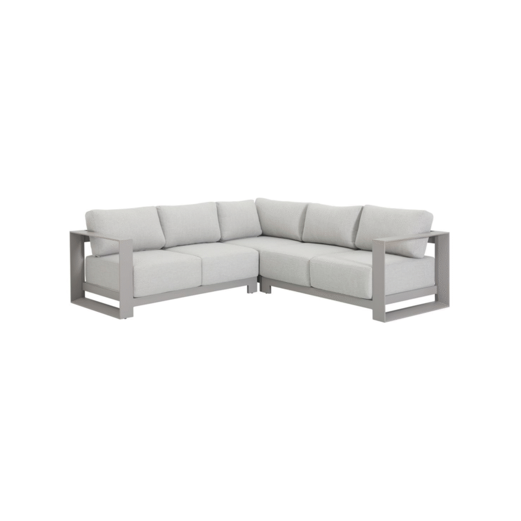 Hoek loungeset met taupekleurig aluminium frame en lichtgrijze kussens