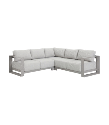 Hoek loungeset met taupekleurig aluminium frame en lichtgrijze kussens