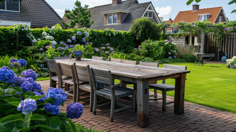 Houten tuintafel met stoelen in een groene bloementuin van Boender Outdoor