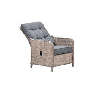 Ligstand verstelbare wicker dining tuinstoel met grijze kussens