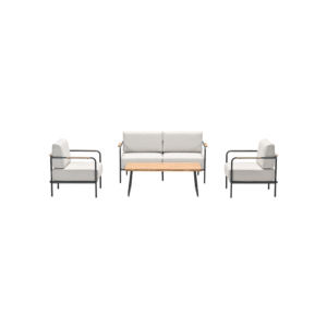Luxe Lofi 4-delige aluminium loungeset met zandkleurige kussens en houten tafel