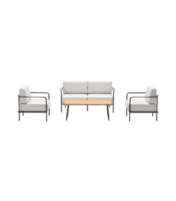 Luxe Lofi 4-delige aluminium loungeset met zandkleurige kussens en houten tafel