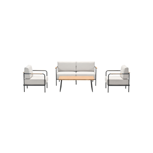 Luxe Lofi 4-delige aluminium loungeset met zandkleurige kussens en houten tafel