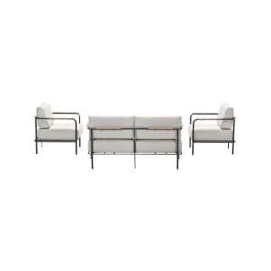 Moderne Lofi loungeset van achteren gezien met aluminium frame en houten accenten