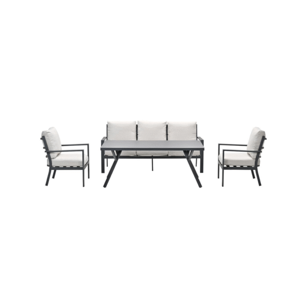 4-delige lounge dining set met zwarte aluminium frames en zandkleurige kussens